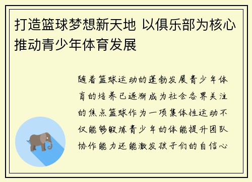 打造篮球梦想新天地 以俱乐部为核心推动青少年体育发展