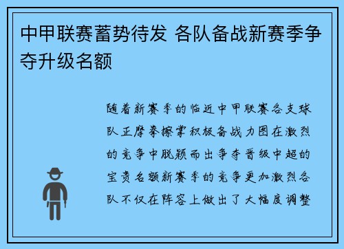中甲联赛蓄势待发 各队备战新赛季争夺升级名额