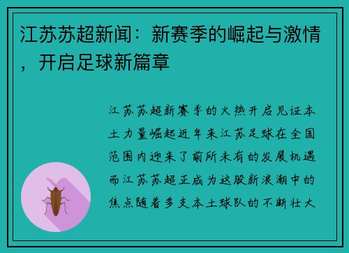 江苏苏超新闻：新赛季的崛起与激情，开启足球新篇章